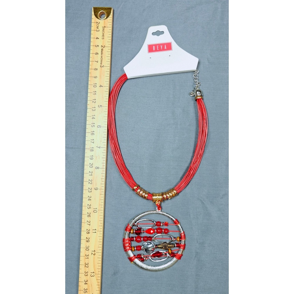 Beya Red Multi Strand Cord‎ Statement Necklace Dreamcatcher Beaded Pendant NEW